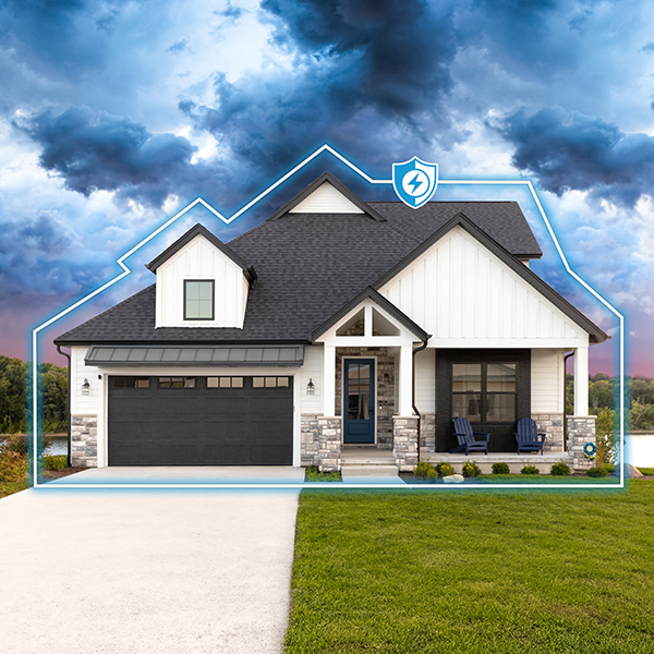 Stormy sky above a single family home surrounded by the SurgeShield logo